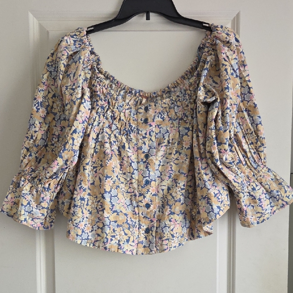 Free People Women's James Smock Top, Chambray Combo - Picture 2 of 16